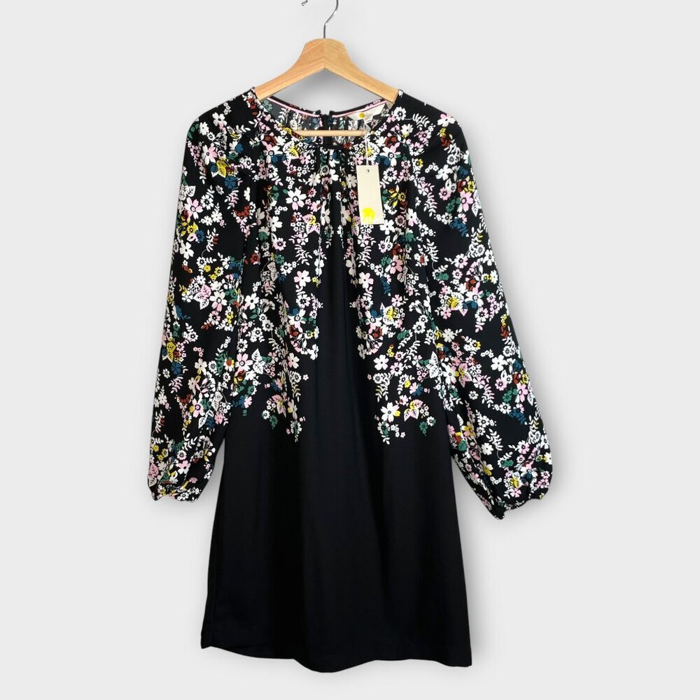 BODEN Keira Shift Dress 8 US Statement Floral Print Black Blouson Sleeves NEW